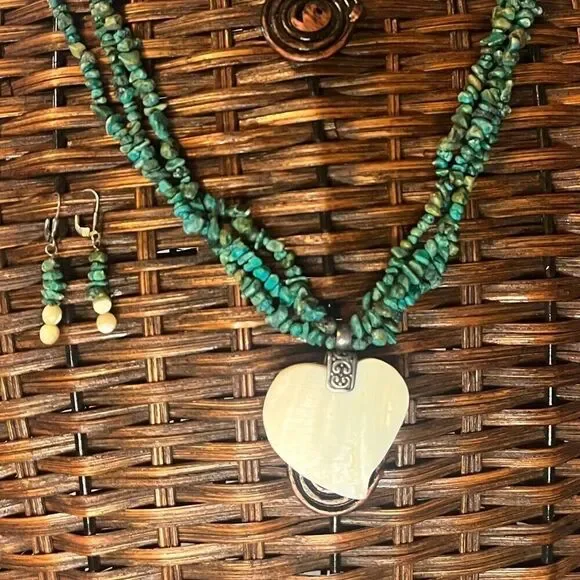 Vtg artisan turquoise coral nugget 3 strand necklace 925 mother of pearl - Picture 5 of 9